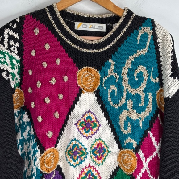 VTG 90s Chaus Ugly Christmas Sweater M 3D Metallic Bobble Patchwork Granny 80s - Picture 2 of 11
